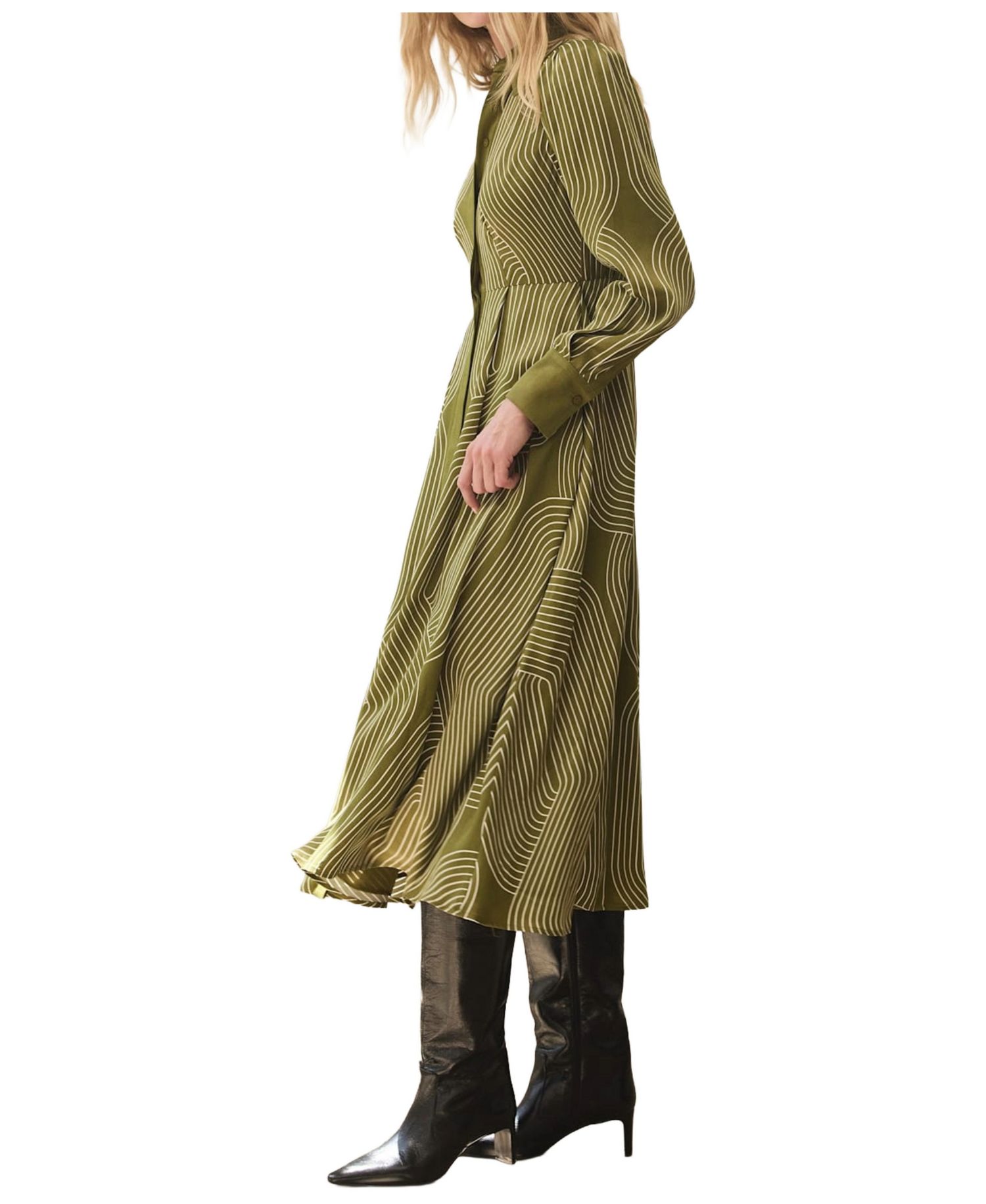 Women's Long-Sleeve Satin A-Line Midi Shirt Dress