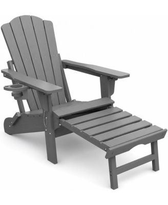 Folding Adirondack Chair with Retractable Ottoman - Outdoor Patio Lounge Chair with Adjustable Backrest and Cup Holder