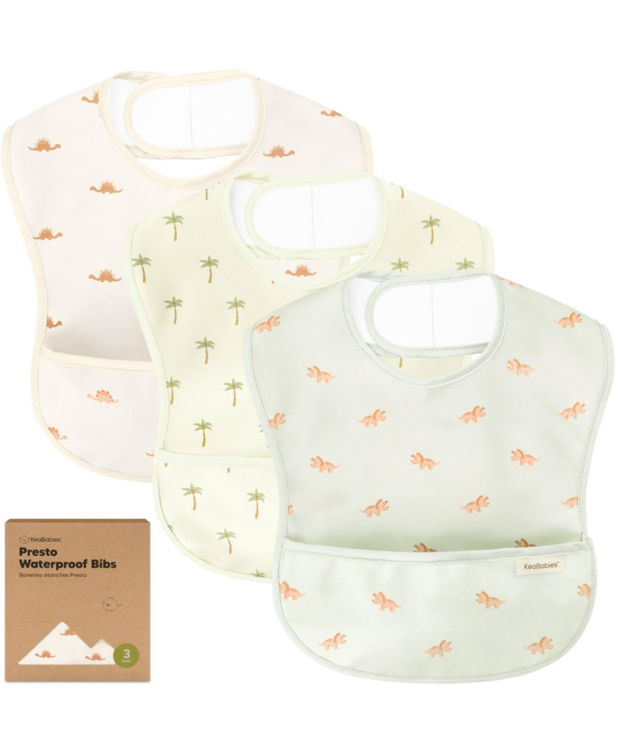 KeaBabies 3-Pack Waterproof Baby Bibs for Eating, Lightweight, Mess Proof Toddler Bibs with Food Catcher - Roarsome