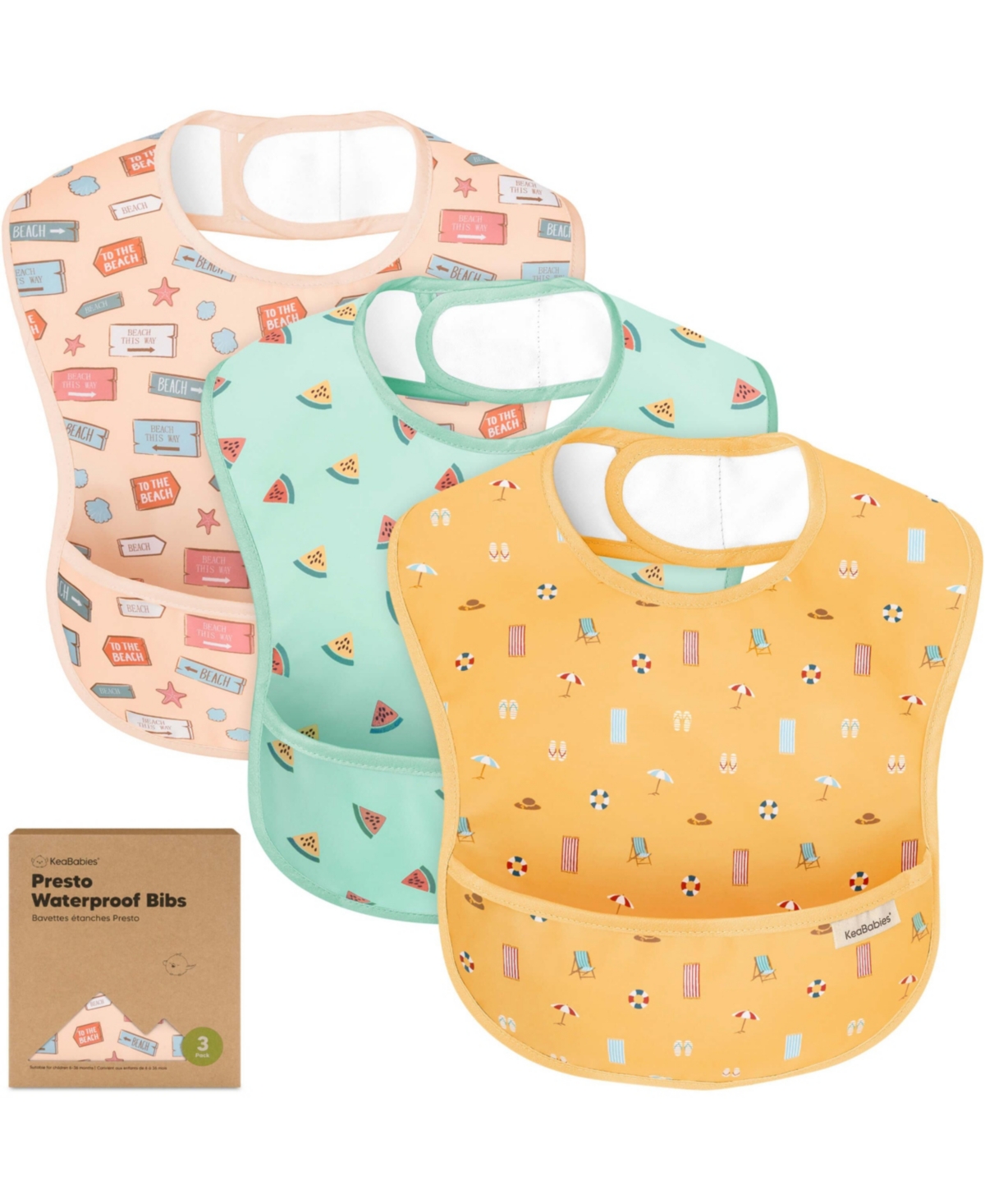 KeaBabies 3-Pack Waterproof Baby Bibs for Eating, Lightweight, Mess Proof Toddler Bibs with Food Catcher - Beach day