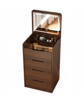 Walnut 3-in-1 Vanity Desk with Flip-Top Mirror, Visible Glass Desktop, 3 Drawers, Included Stool