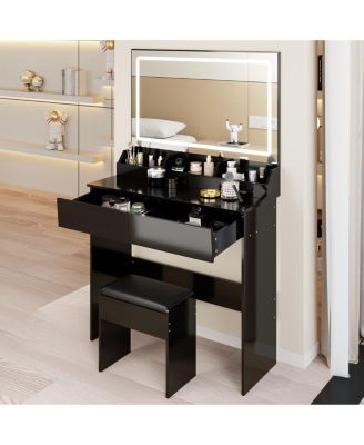 31" x 20" LED Vanity Mirror and Makeup Table Set with Cushioned Stool, Touch Switch, 3-Color Adjustable Light.