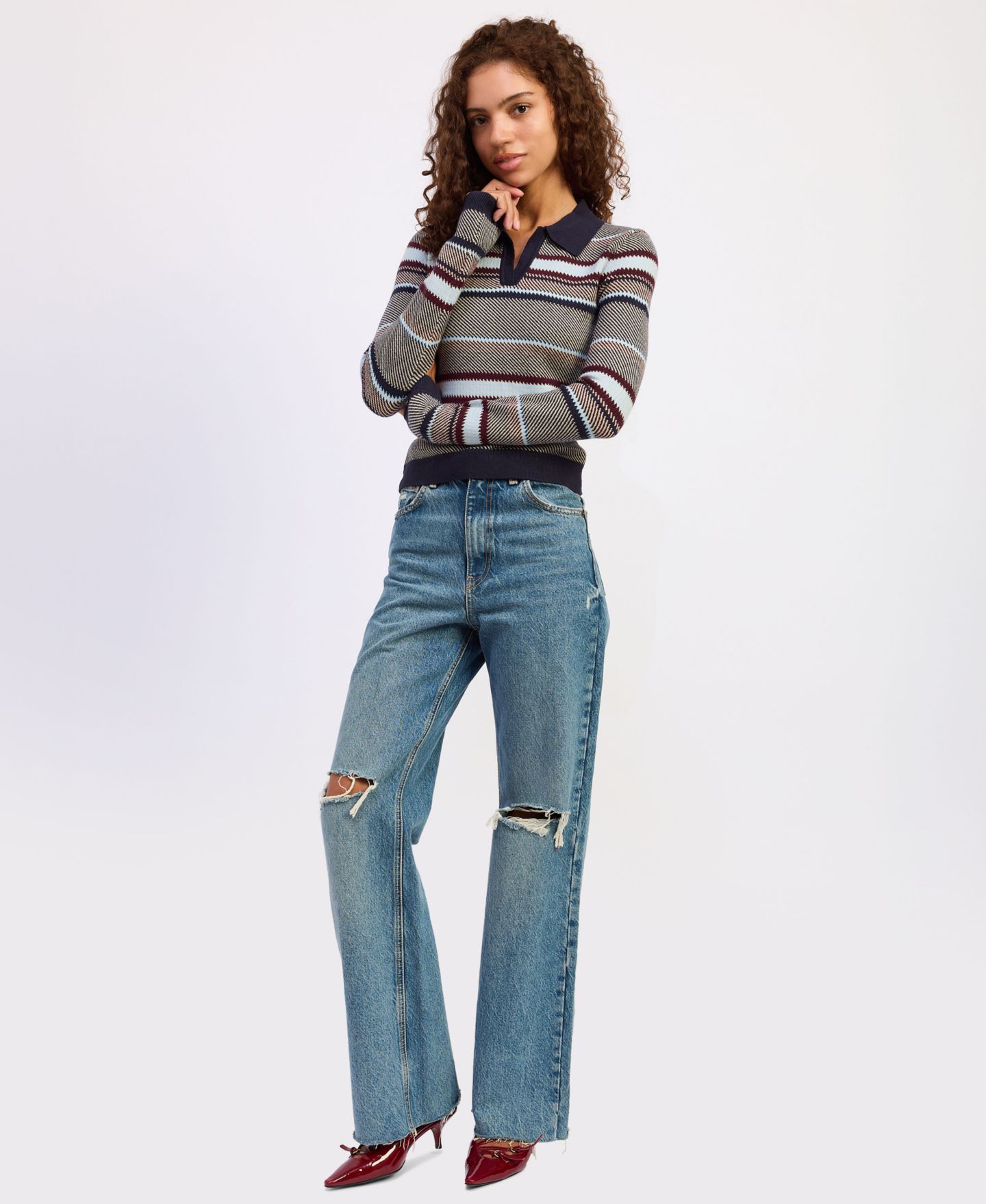 Женское поло En Saison Montgomery Long Sleeve V-Neck Polo, цвет: Тёмно-синий разноцветный — фото 2