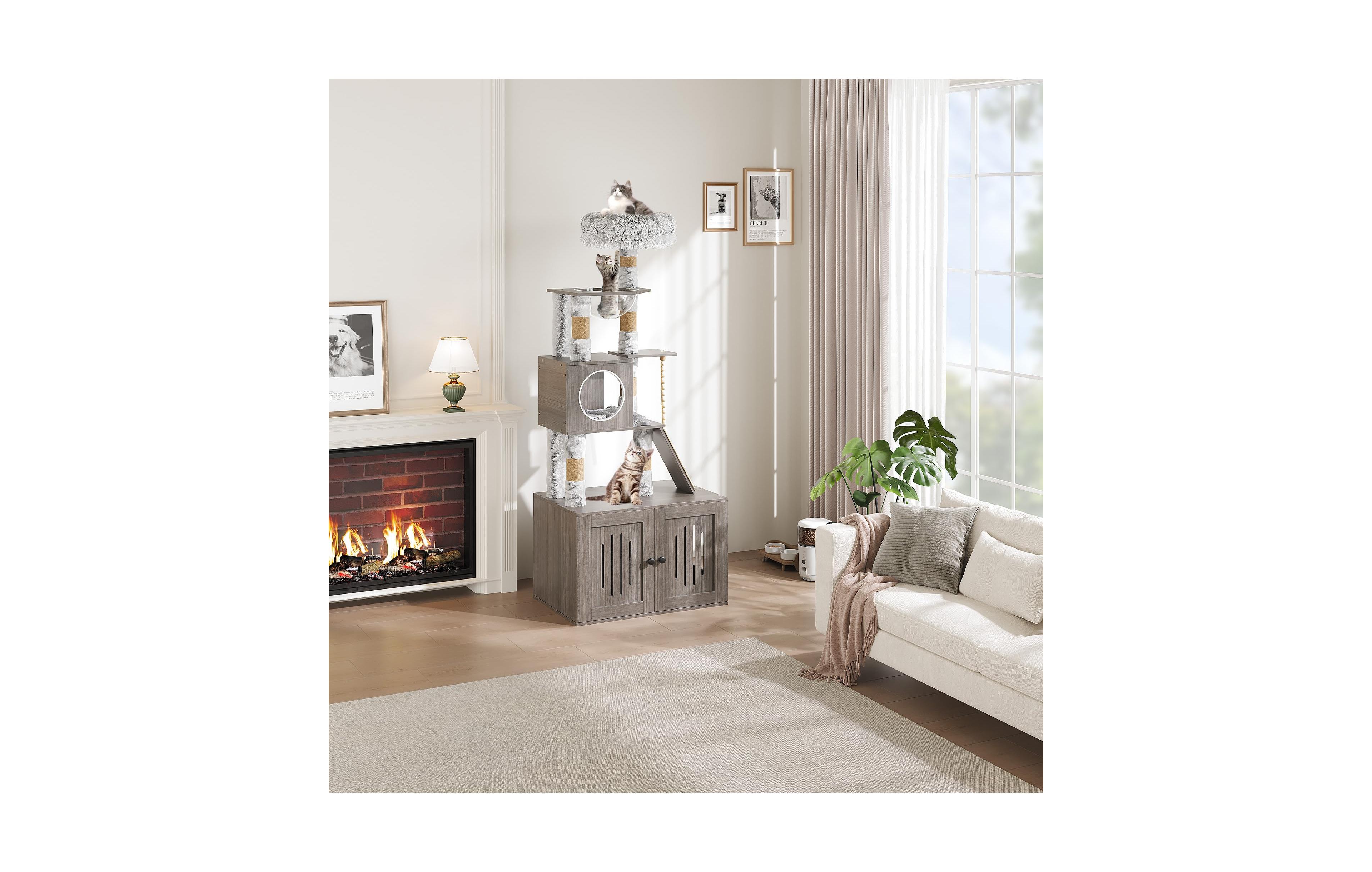 Lalfpet Multi-Level Cat Tree Tower, Hidden Litter Box, Hammock, Washable Cushions, Scratching Posts, Storage Cabinet, Indoor Cat Furniture