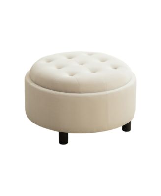 29.33 inch Fleece Round Storage Ottoman, Hand Buckle Decor Reversible Lid Footstool, 300 LBS
