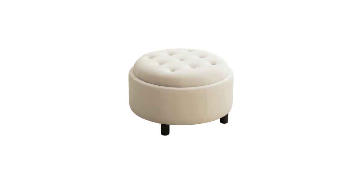 Flynama 29.33 inch Fleece Round Storage Ottoman, Hand Buckle Decor Reversible Lid Footstool, 300 Lbs