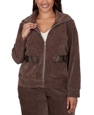 Plus Size Velveteen Corduroy Long-Sleeve Collared Jacket
