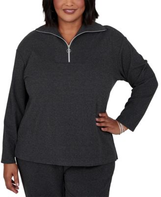 Plus Size Collared Quarter-Zip Ribbed-Knit Top