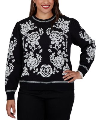 Plus Size Floral-Print Long-Sleeve Crewneck Pullover Sweater