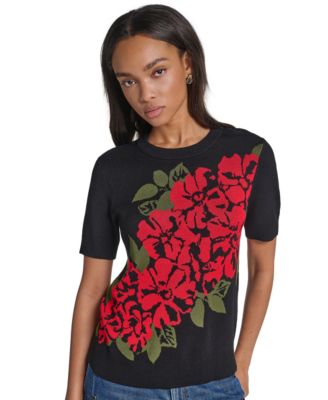 Petite Short-Sleeves Rose Floral Short-Sleeve Crewneck Sweater