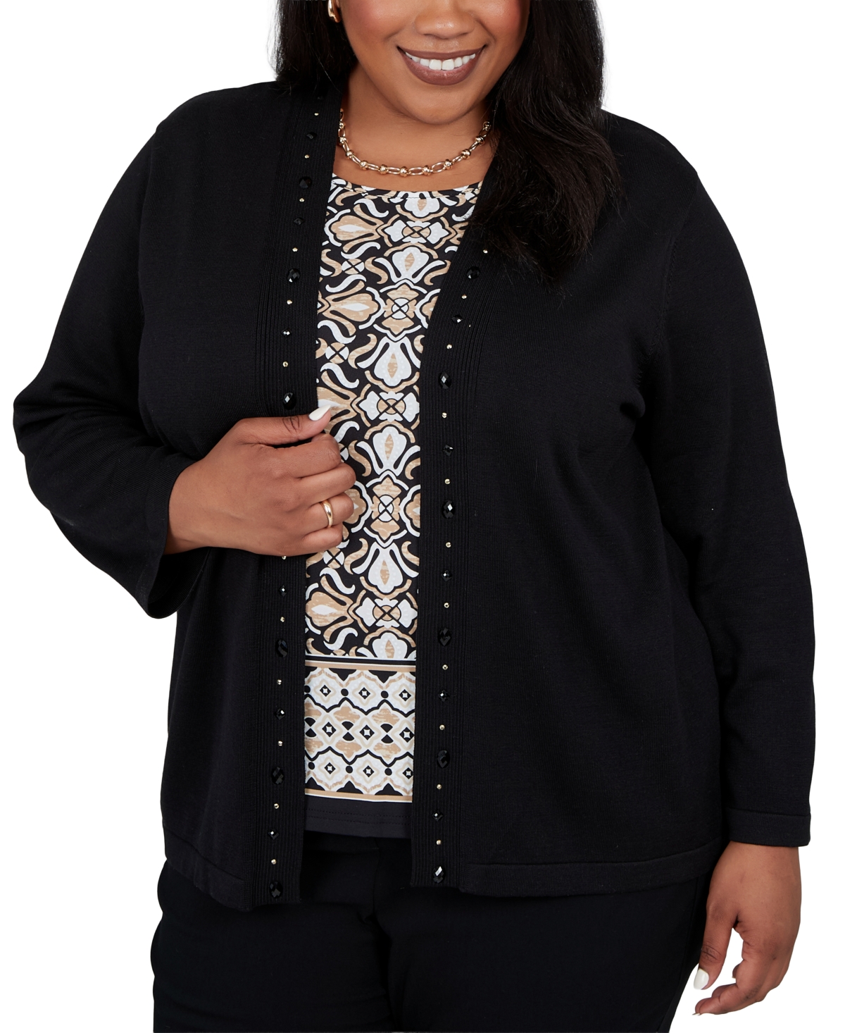Alfred Dunner Plus Size Embellished 3/4-Length Sleeve V-Neck Cardigan Sweater - Black