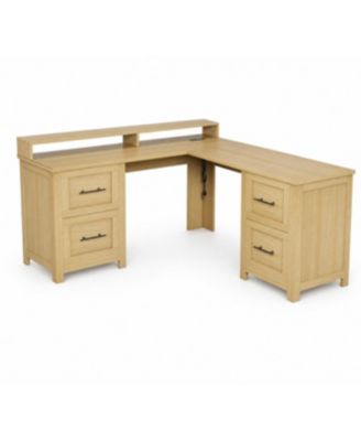 63" L-Shaped Executive Desk with 4 File Drawers and Power Outlet - Large Corner Computer Desk with Monitor Stand, Home Office Desk, Wood Tone