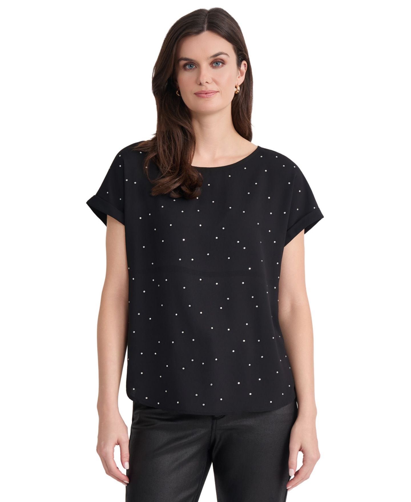 Женская блузка Jones New York Extend Roll Cuff Crew Neck Short-Sleeve, цвет: Чёрный — фото 1