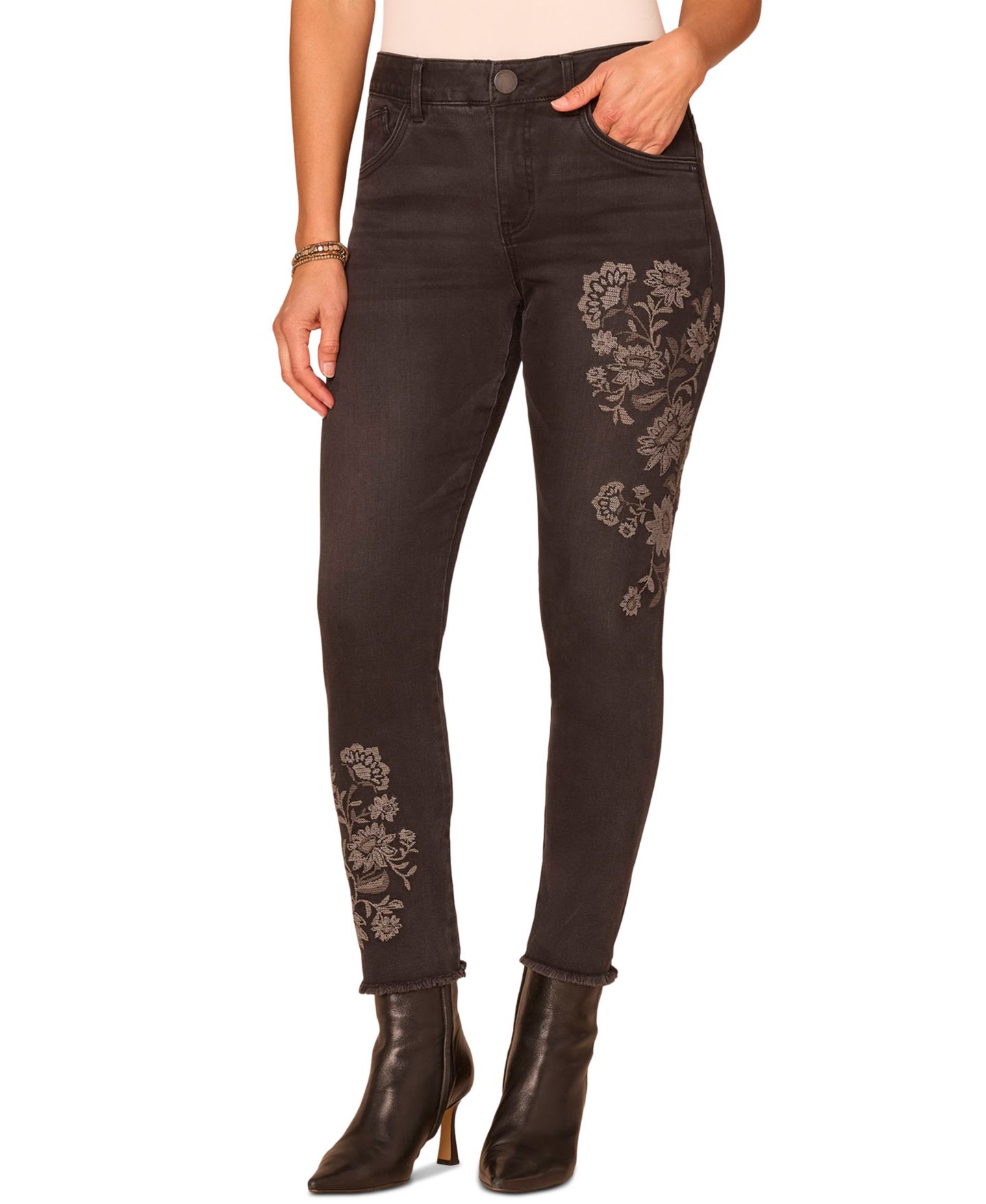 Женские джинсы Democracy Petite "Ab"solution Floral High-Rise Skinny Denim Jeans, цвет: Потёртый чёрный — фото 1