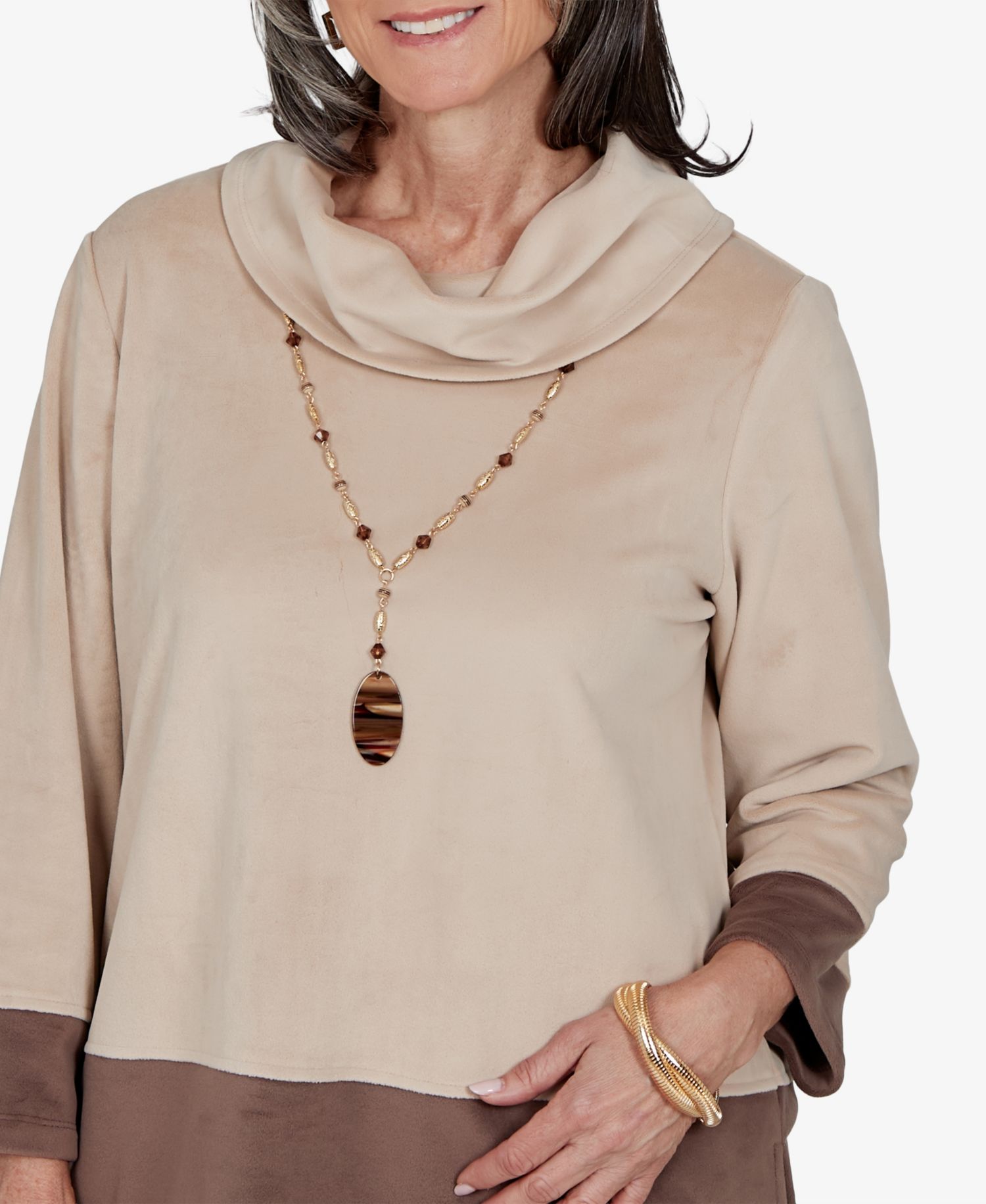 Petite Calm Luxe Colorblock Cowl-Neck 3/4-Sleeve Top