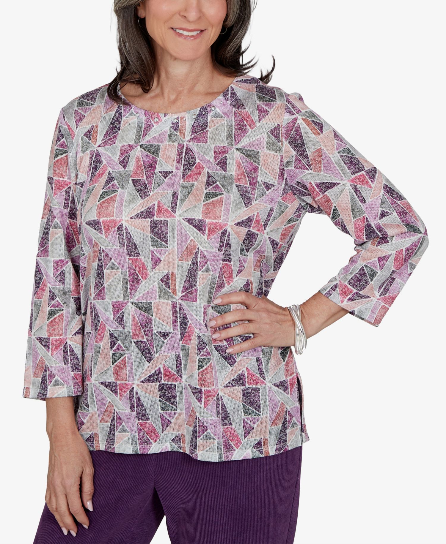 Petite Geometric 3/4-Sleeve Crew Neck Top