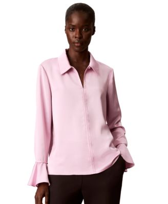 Women's Long-Sleeve Flutter-Cuff Satin Blouse