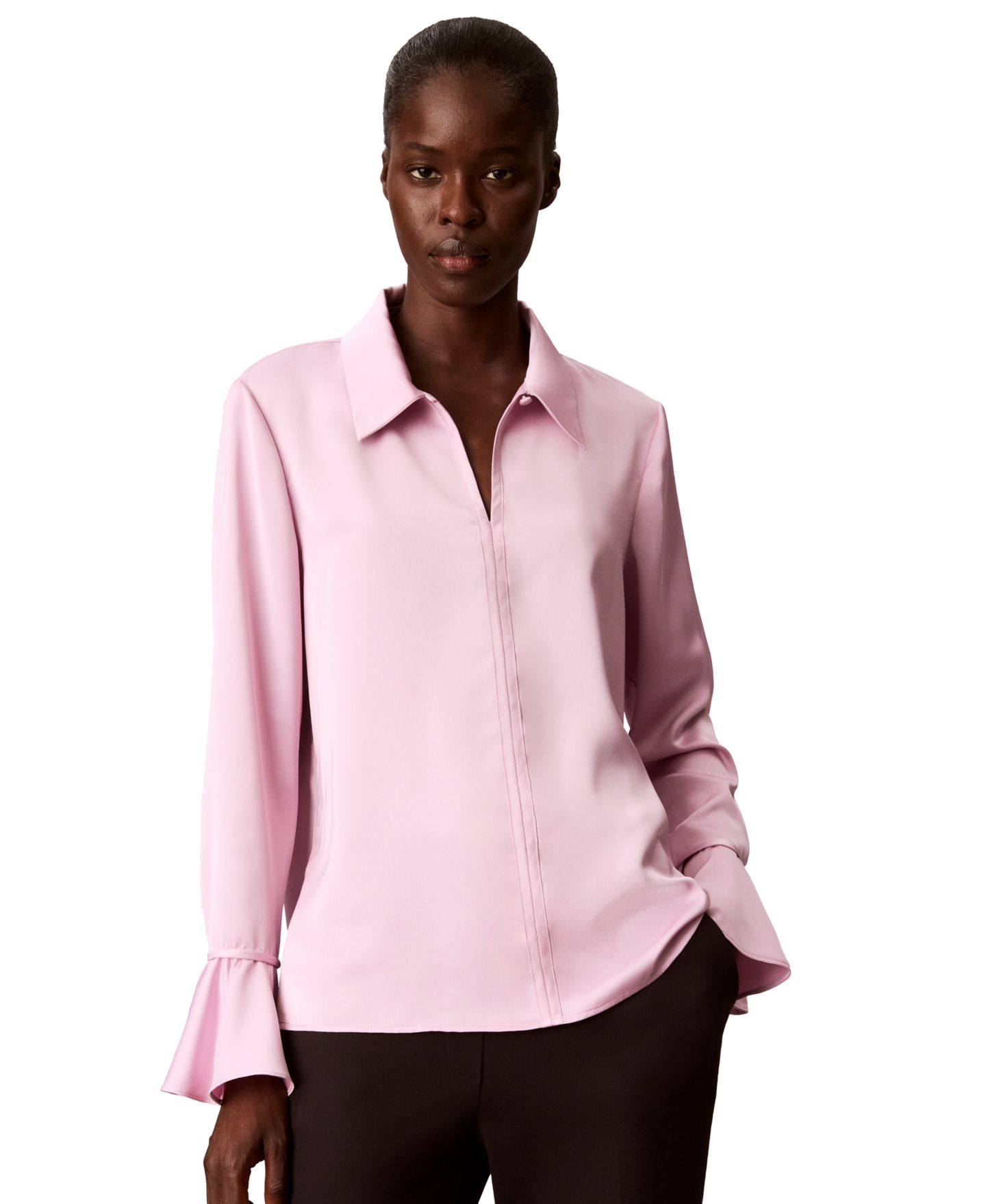 Женская блузка Calvin Klein Long-Sleeve Flutter-Cuff Satin, цвет: Выцветший орхидея — фото 1