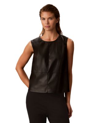 Women's Sleeveless Faux Leather Crewneck Shell