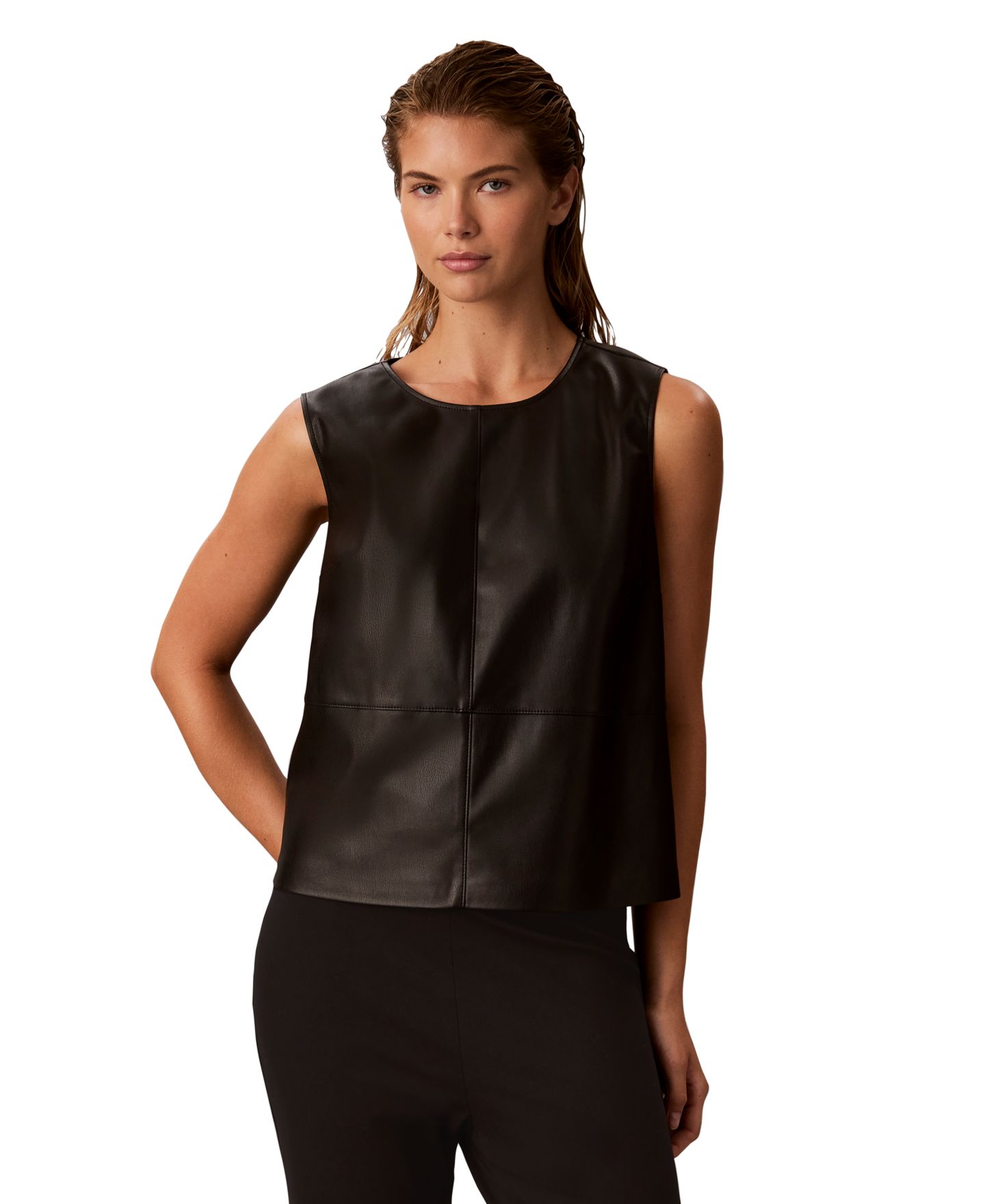 Женские топы Calvin Klein Sleeveless Faux Leather Crewneck Shell, цвет: Чёрный — фото 1