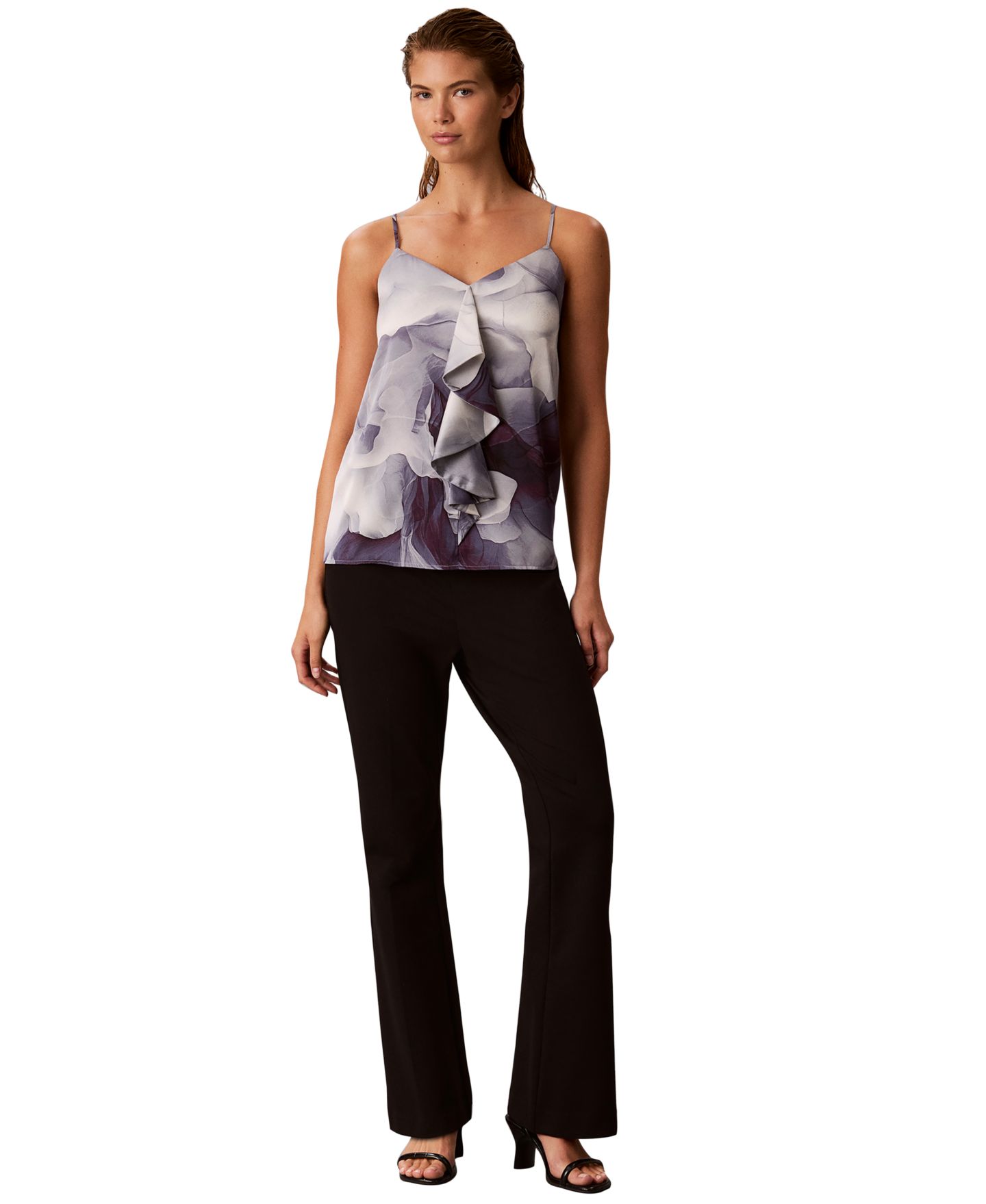 Женский топ Calvin Klein V-Neck Ruffle-Front Satin Camisole, цвет: Разноцветный — фото 2