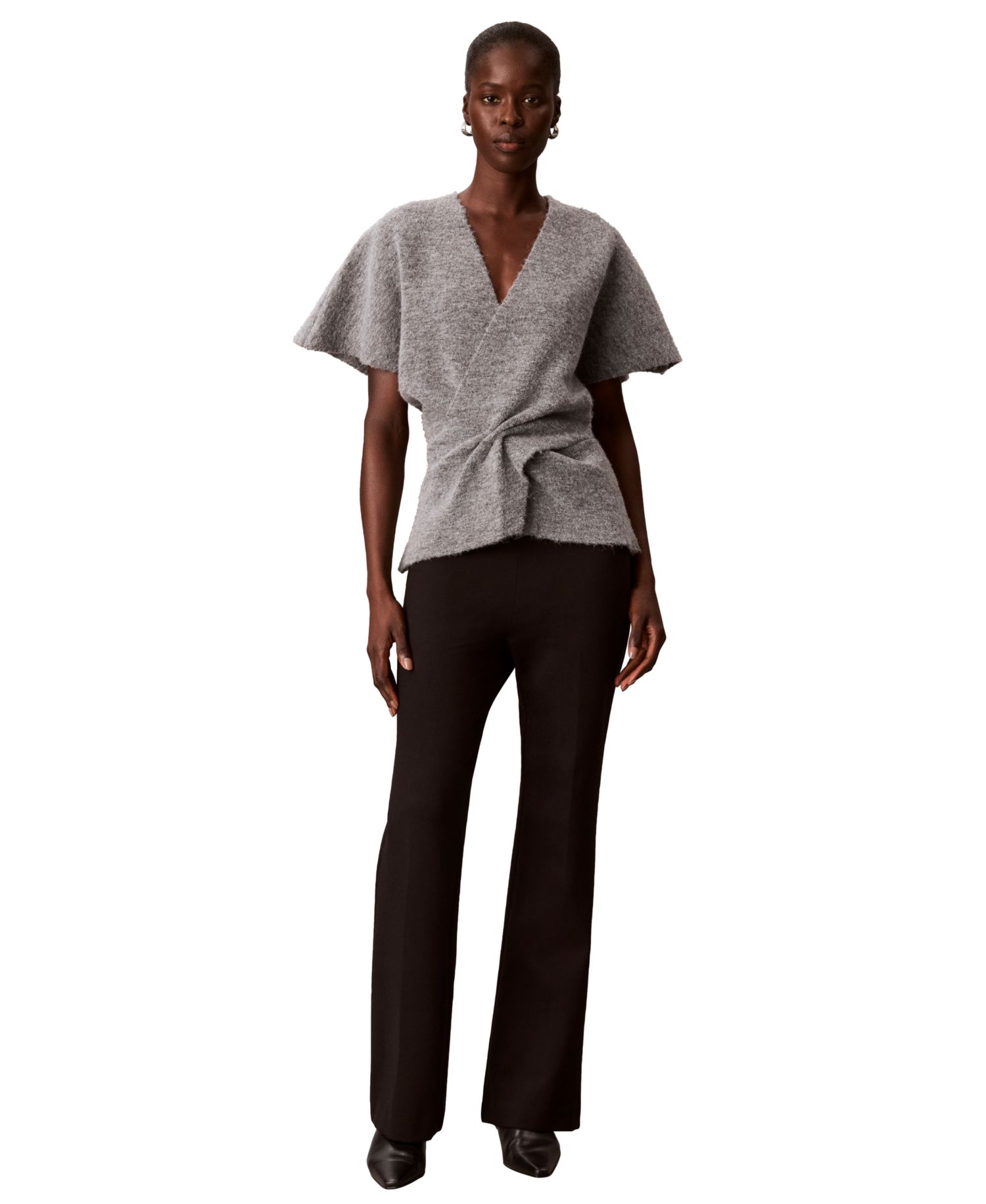Women's Twist-Knot V-Neck Short-Sleeve Fitted Sweater