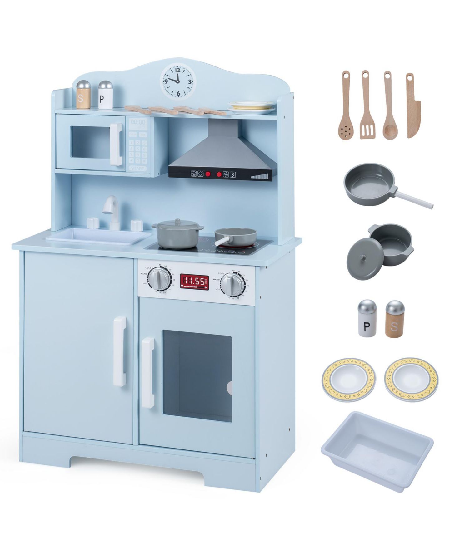 Детские игрушки Costway Light-Up Range Hood Wooden Play Kitchen, 9-Piece, Ages 3+, цвет: Синий — фото 1