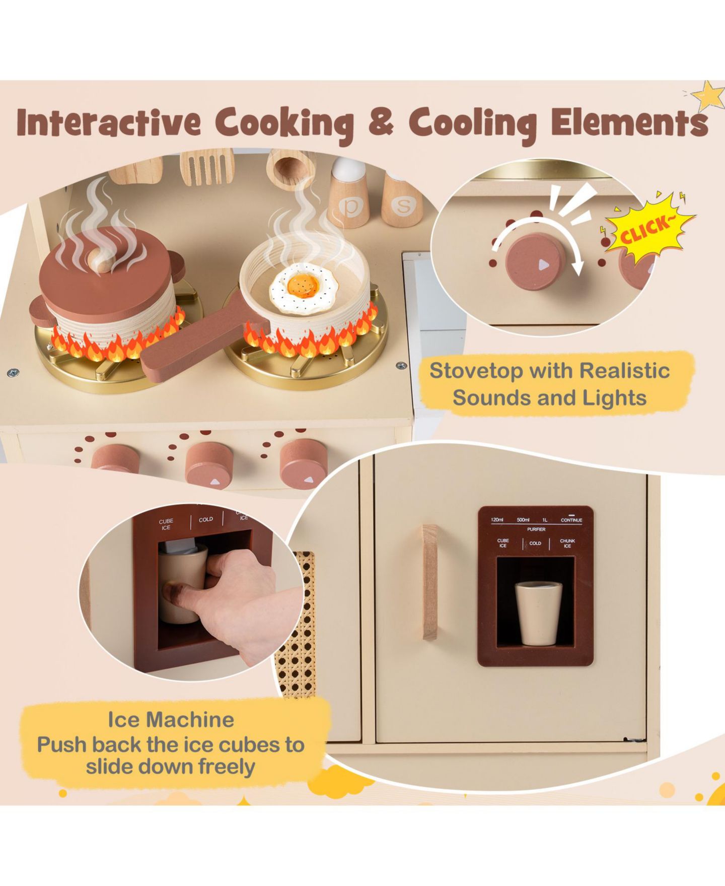 Детская игрушка Costway Wooden Kids' Play Kitchen with Lights and Sounds, Ages 3+, цвет: Жёлтый — фото 10