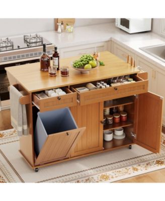 Rolling Kitchen Island Cart 55 Inch with Drop Leaf Spice Rack Towel Rack Knife Holder Trash Can Storage for Kitchen