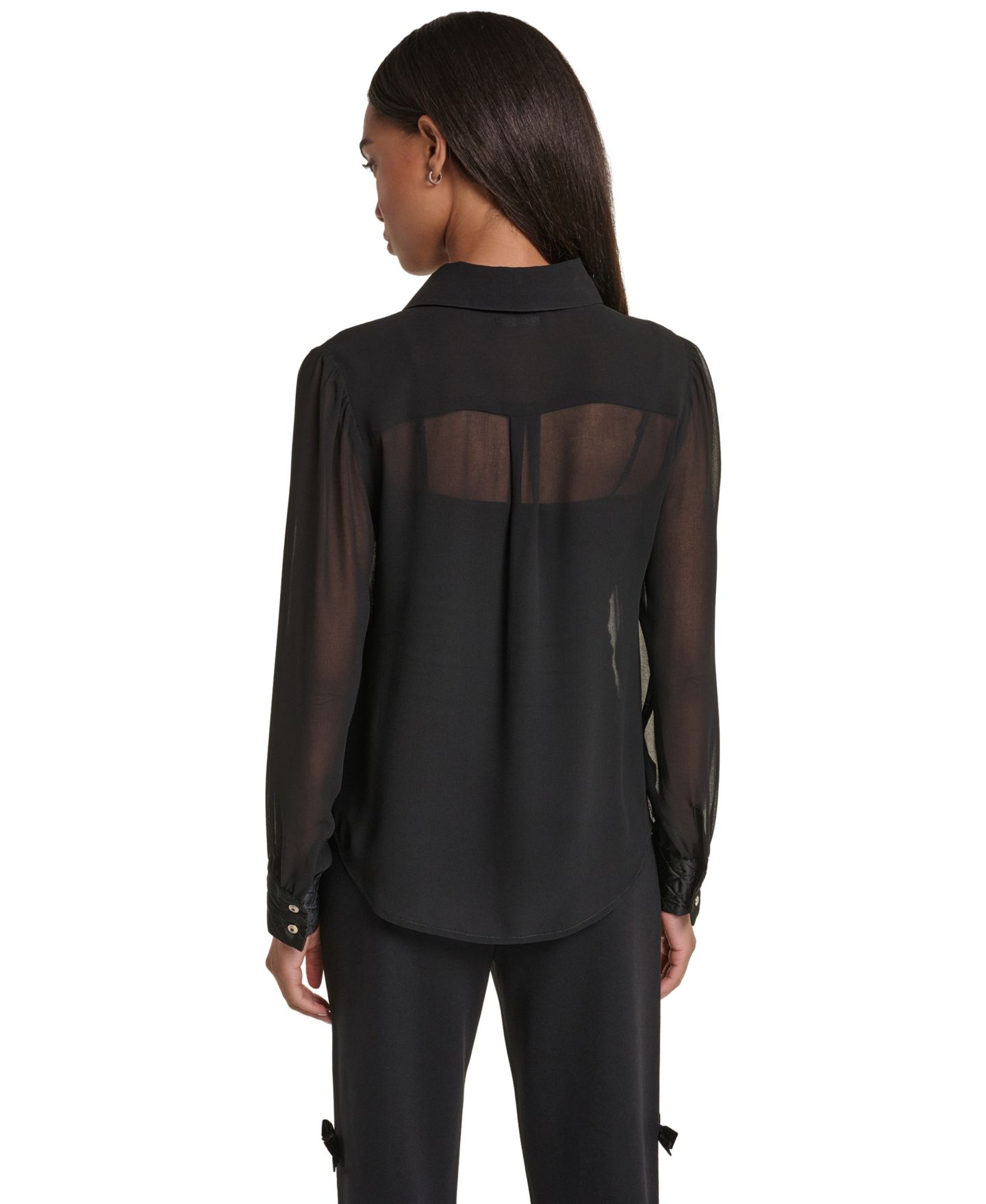 Женская блузка KARL LAGERFELD PARIS Long-Sleeve Chiffon with Quilted Pockets, цвет: Чёрный — фото 4