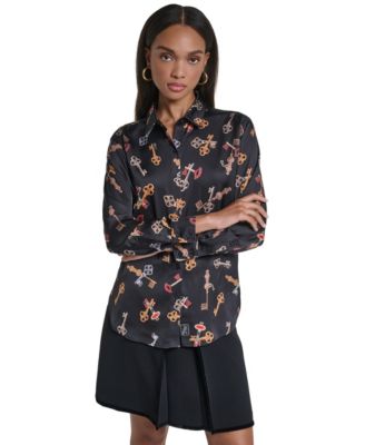 Women's Button Front Long Sleeve Satin Blouse