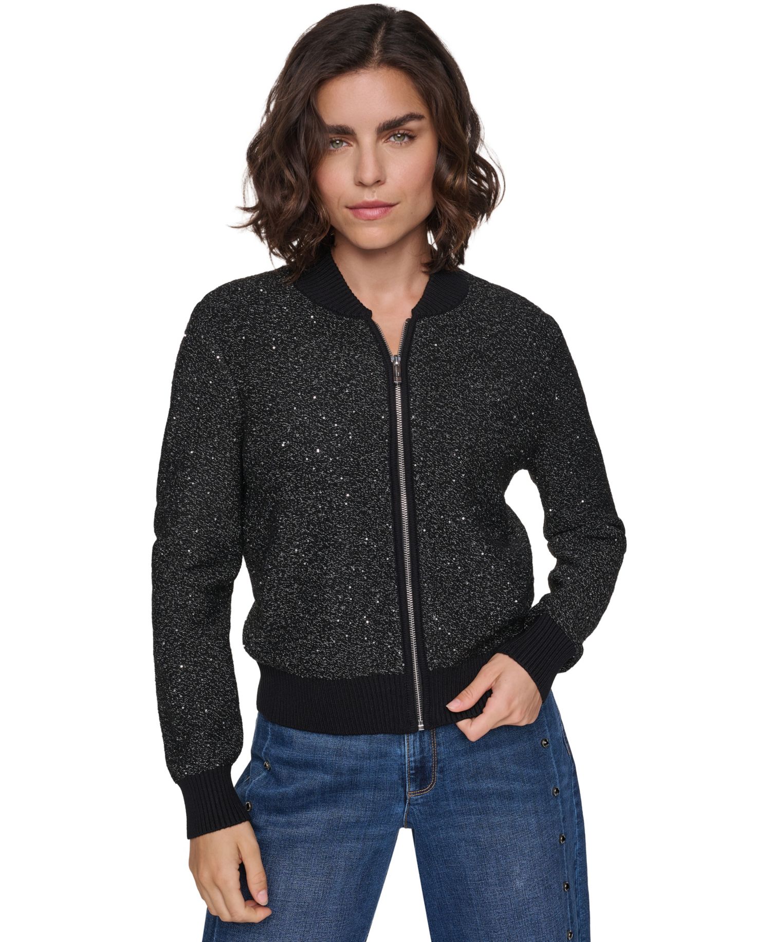 Women's Full-Zip Embellished Loose-Fit Cardigan Sweater