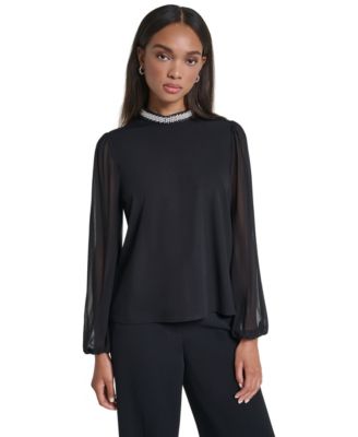 Women's Long Sleeve Imitation Pearl-Embellished Crewneck Blouse