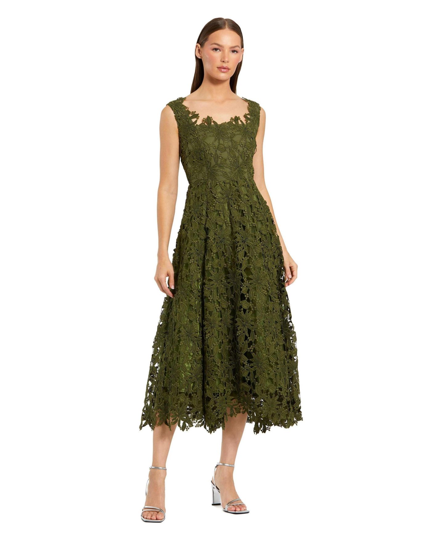 Женское платье Mac Duggal Sleeveless Embroidered Lace A Line Midi, цвет: Армейский зелёный — фото 8