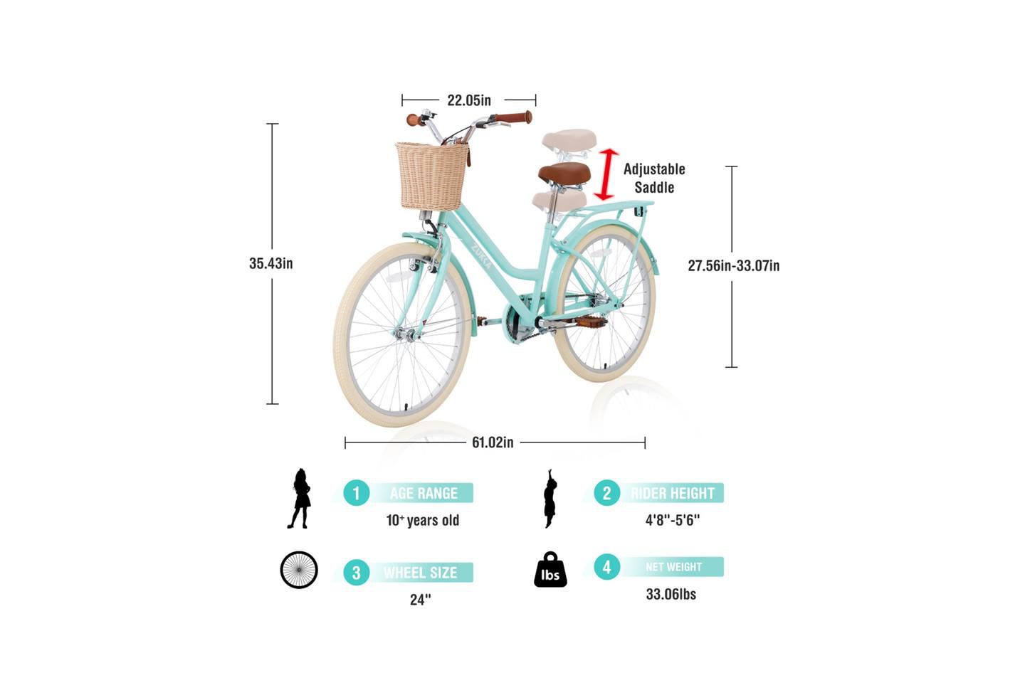 Детская игрушка YOBTOP 24-Inch Single-Speed Girls Bike with Front Basket and Rear Rack, Ages 14 & Up, цвет: Мятный зелёный — фото 3