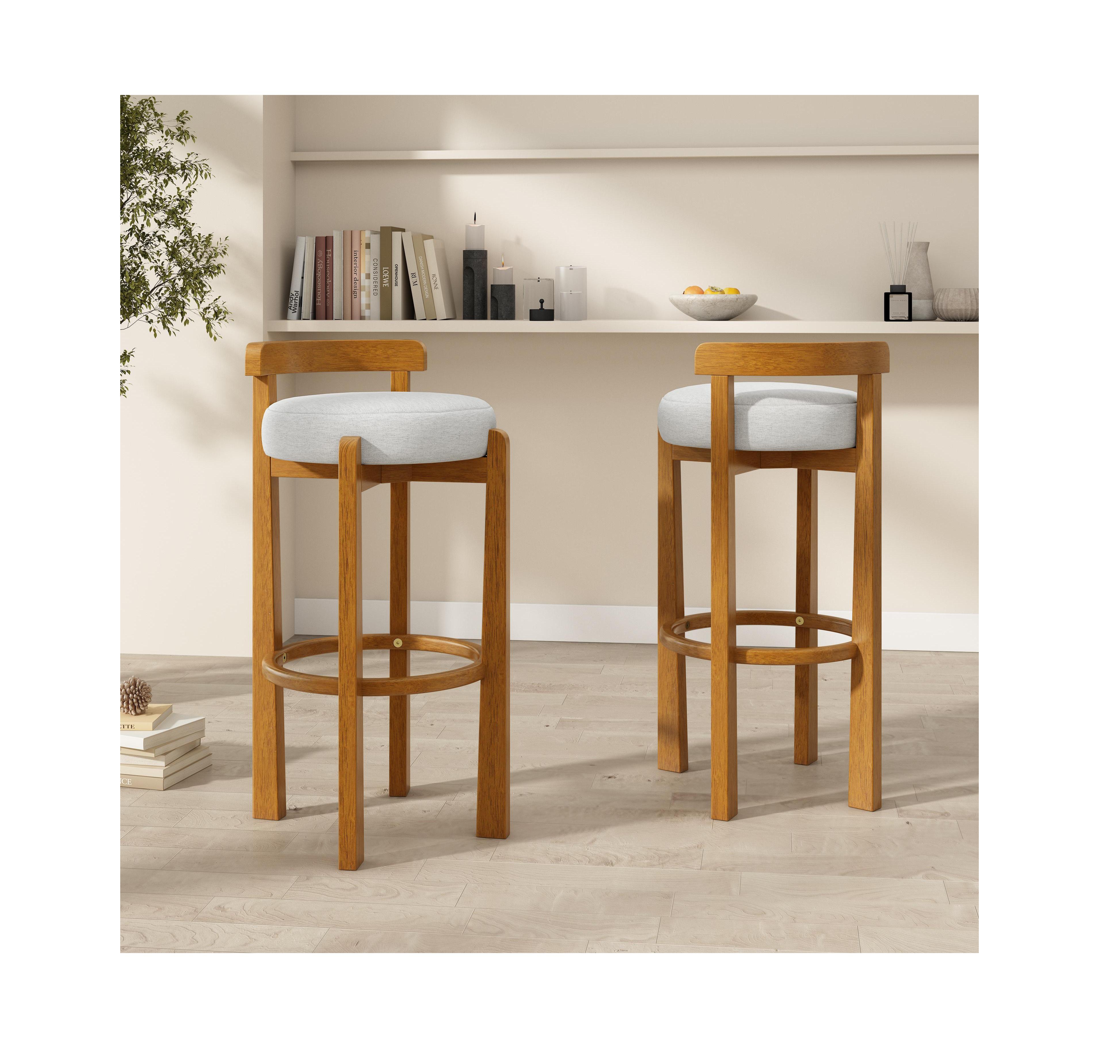Clihome Indoor Wooden Low Back Barstool, Finished and Upholstery, Set of 2
