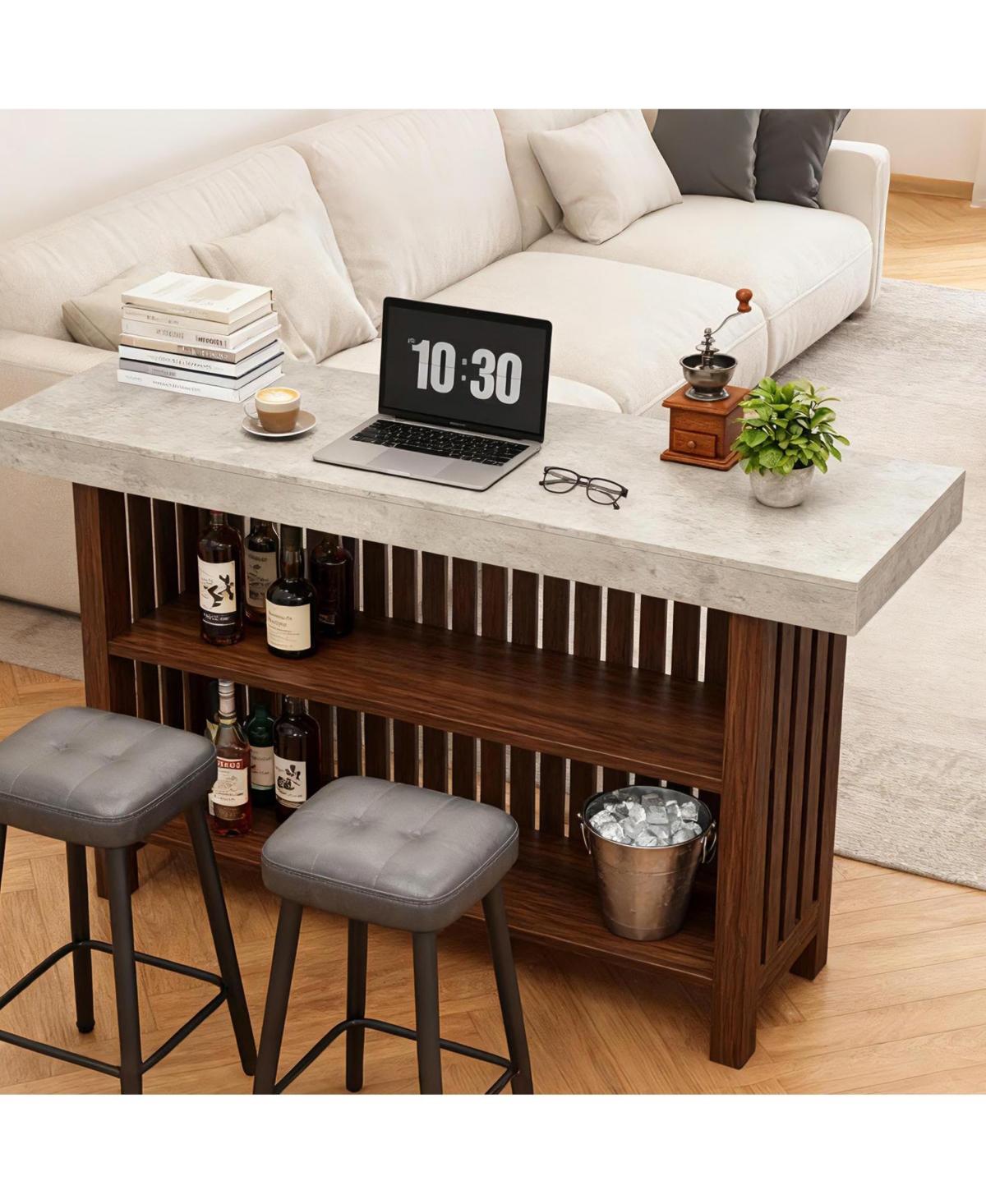 homfan 63" Bar Table, Wood Home Bar Unit with Footrest, Large Modern Counter Height Pub Table with 2-Tier Storage Shelves for Kitchen - Brown