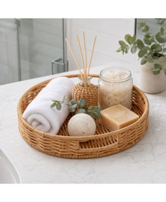 14 in Round Rattan Tray Set of 2, Handwoven Wicker Serving Trays with Handles, Farmhouse Style for Coffee Table Living Room Bedroom