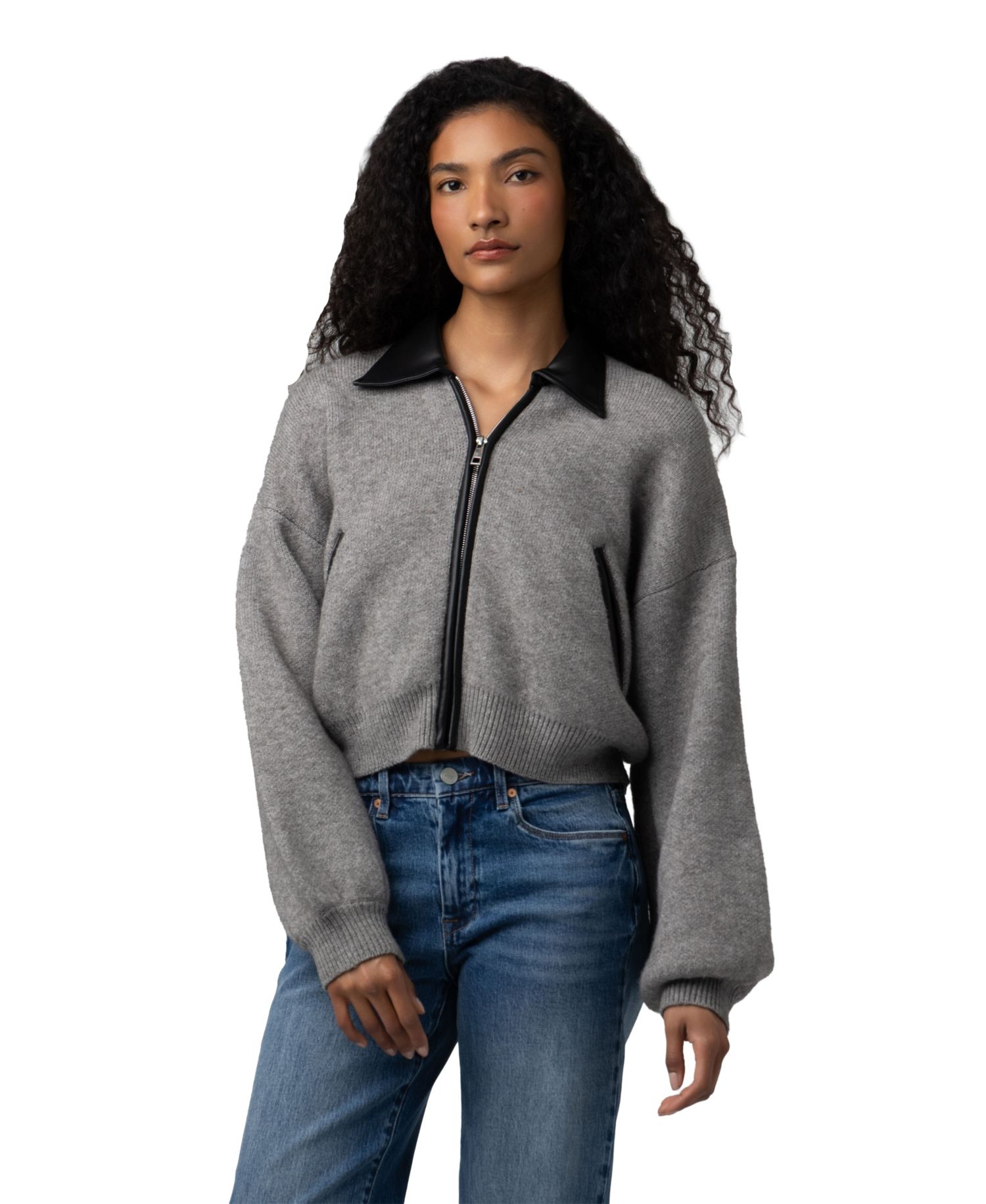 Women's Cropped Full Zip Faux Leather Trim Cardigan Sweater