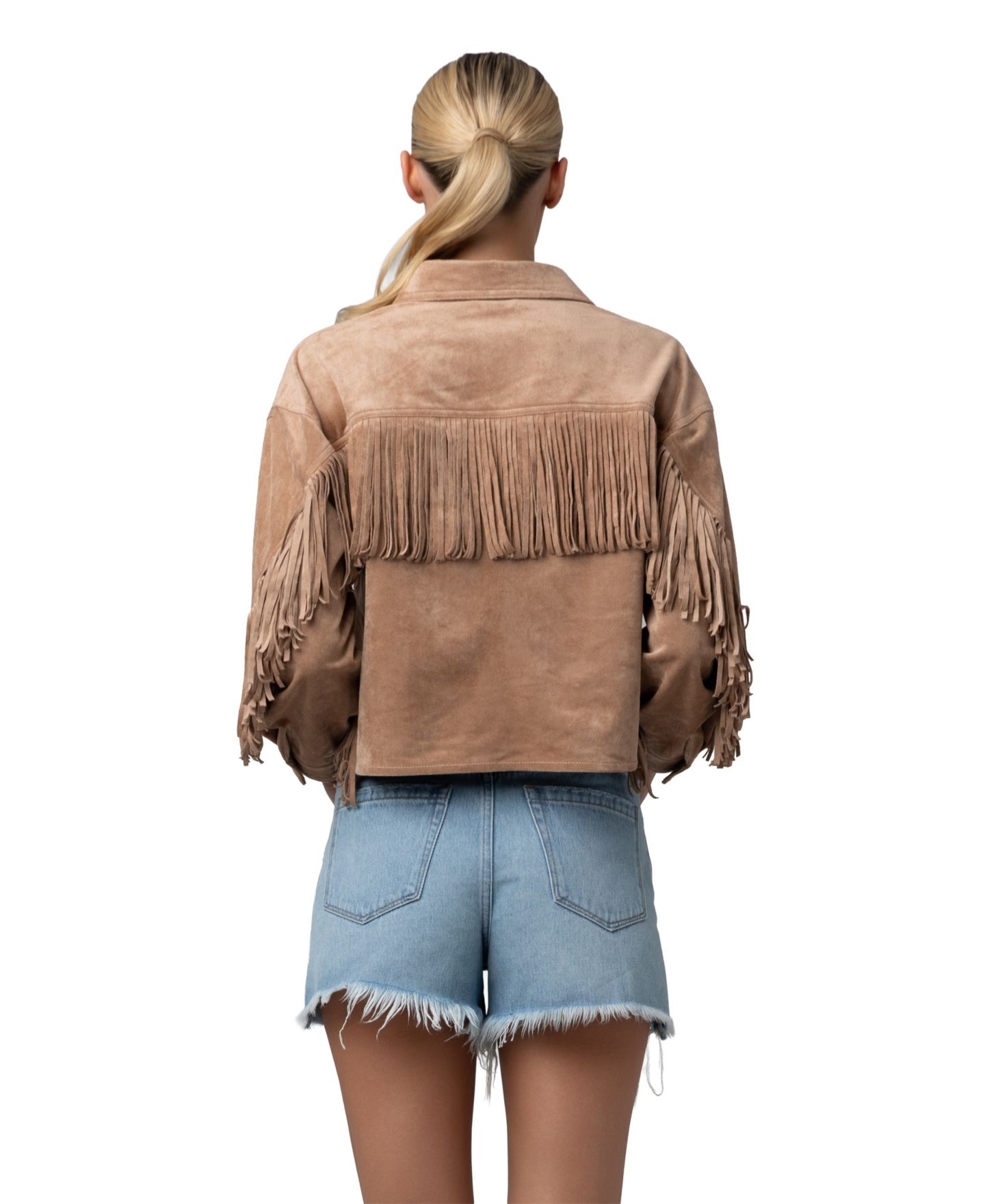 Женские куртки Blank NYC Faux-Suede Fringe Cropped Shacket, цвет: Кленовый — фото 4