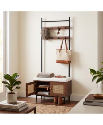 Freestanding Hall Tree With Bench and Shoe Storage, Rattan Entryway Coat Rack With Hooks, Wood and Matte Finished Frame
