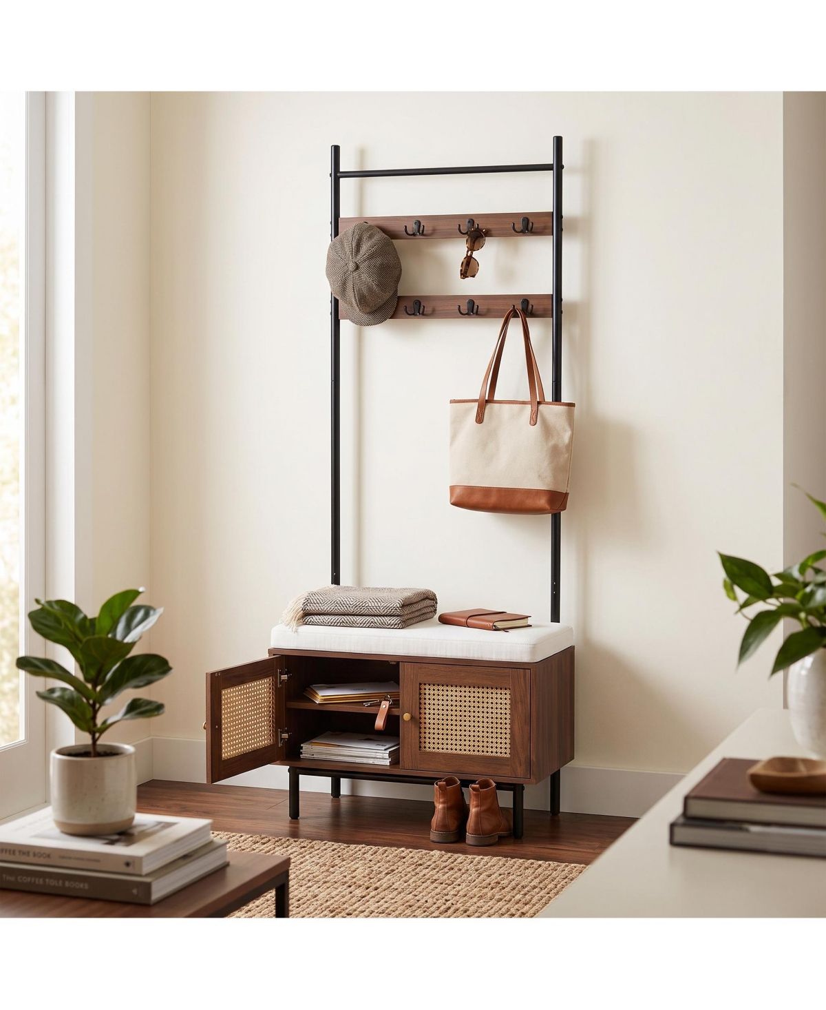 homfan Freestanding Hall Tree With Bench and Shoe Storage, Rattan Entryway Coat Rack With Hooks, Wood and Matte Finished Frame - Brown