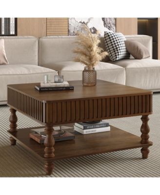 31.5 inch Fluted Lift Top Coffee Table, Hydraulic Adjustable Table with Storage Solid Wood Legs for Home