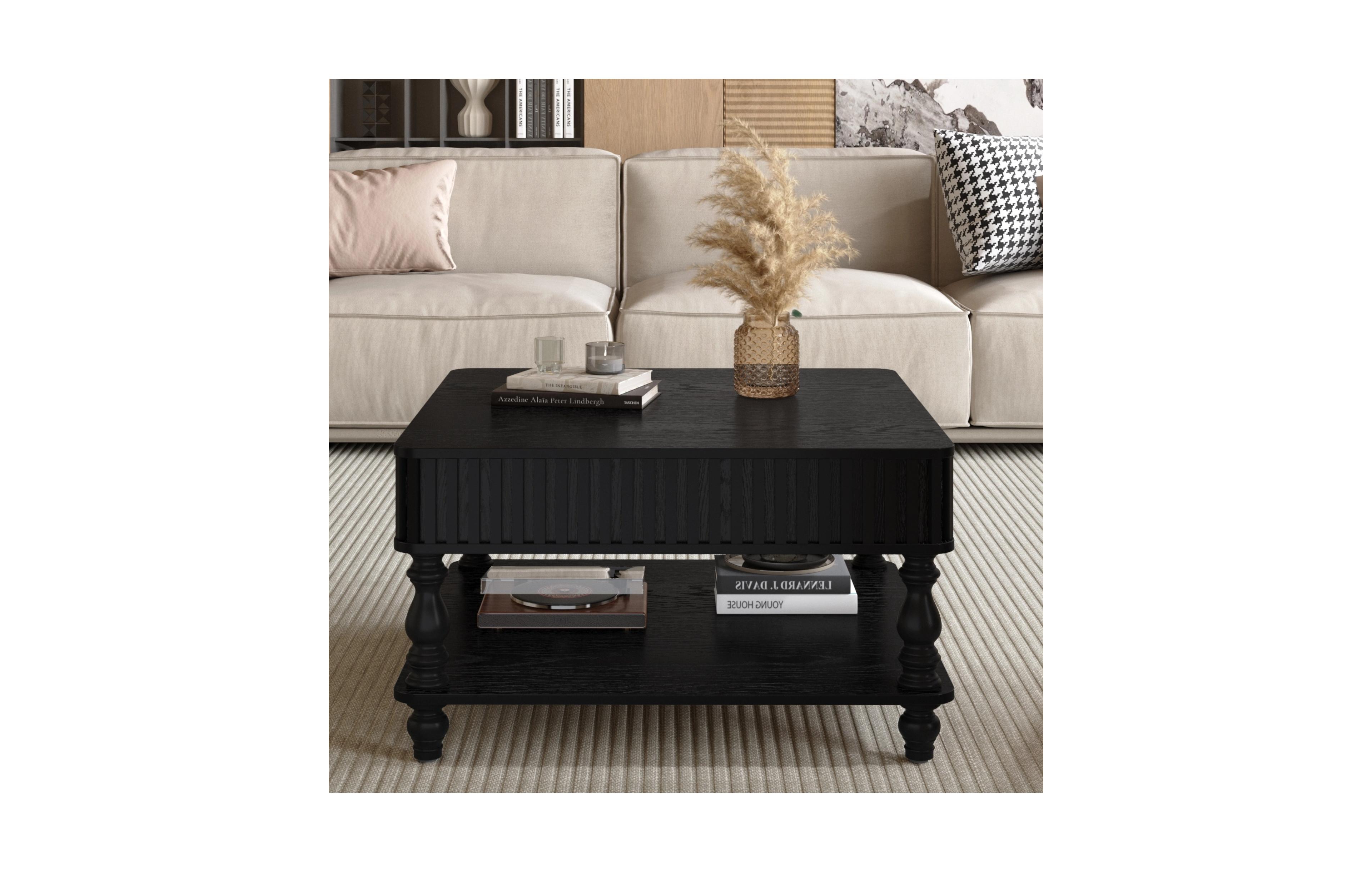 Clihome 31.5 inch Fluted Lift Top Coffee Table, Hydraulic Adjustable Table with Storage Solid Wood Legs for Home