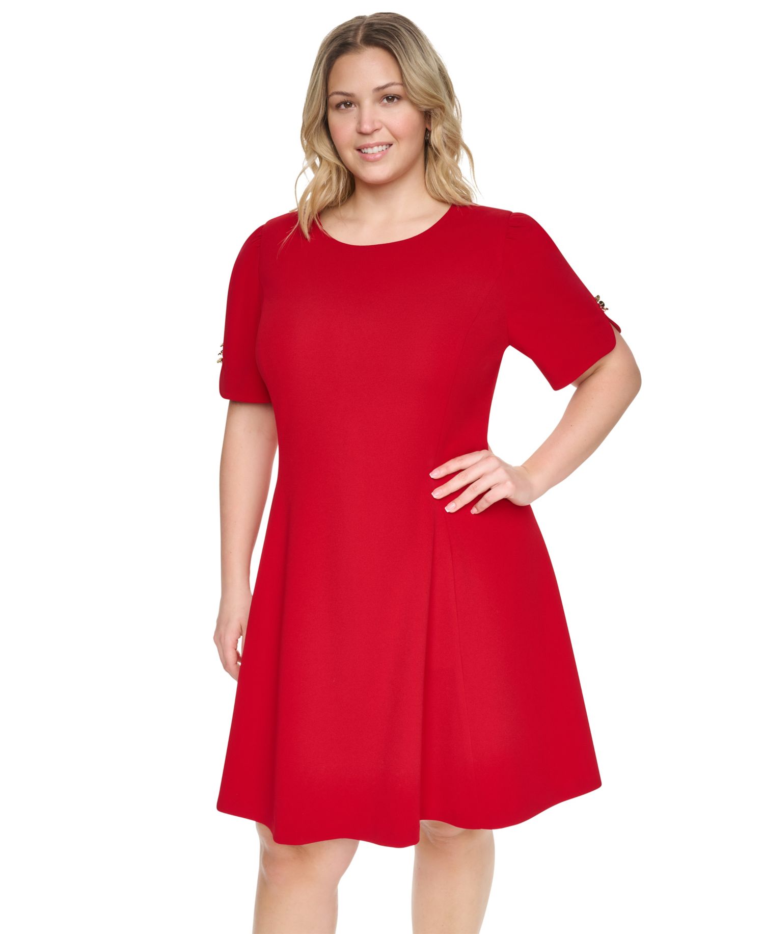 Plus Size Puff Sleeve Fit & Flare Jewel Neck Dress
