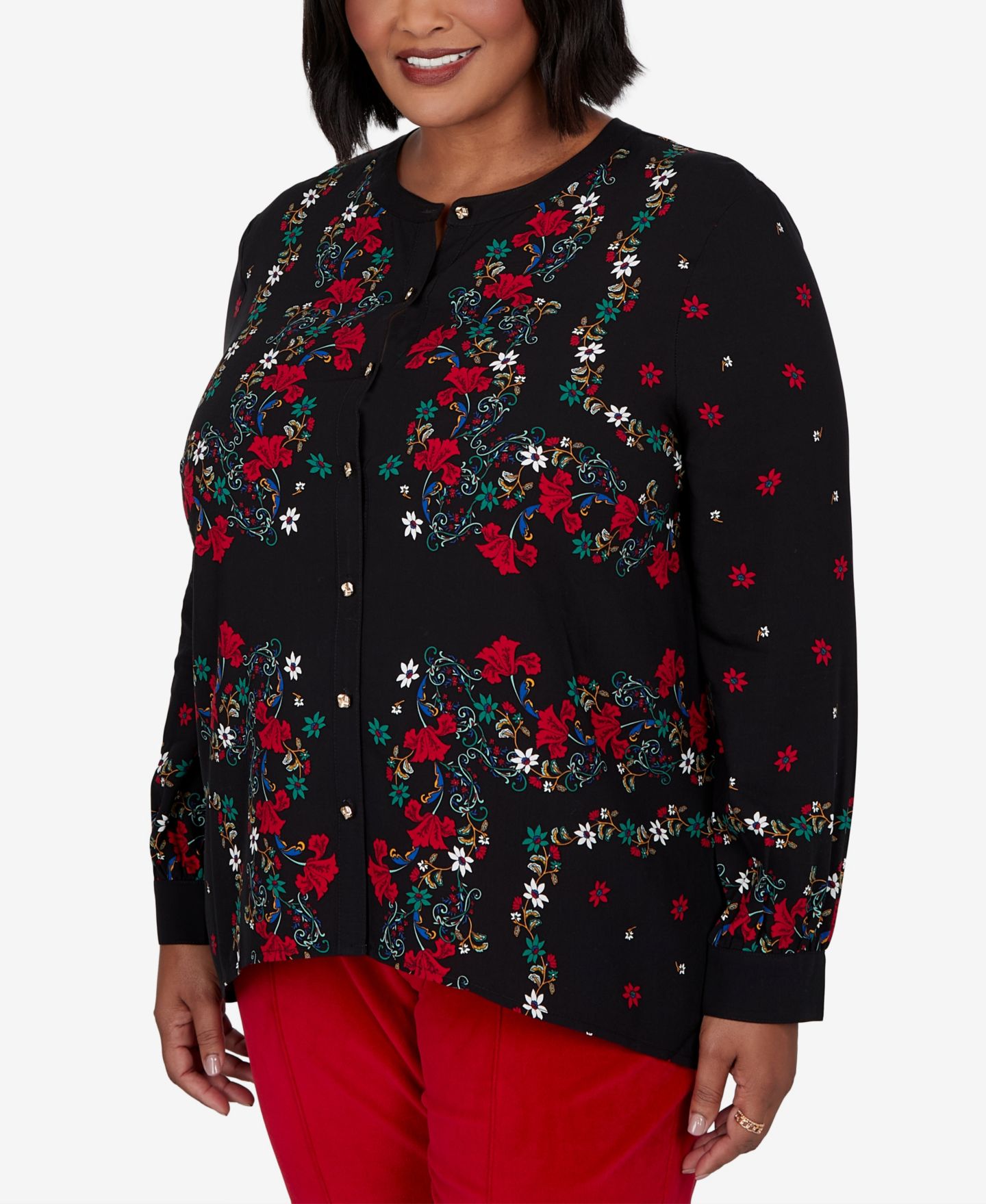 Женская блузка Ruby Rd. Plus Size Floral-Print Long-Sleeve Button-Front, цвет: Чёрный разноцветный — фото 2