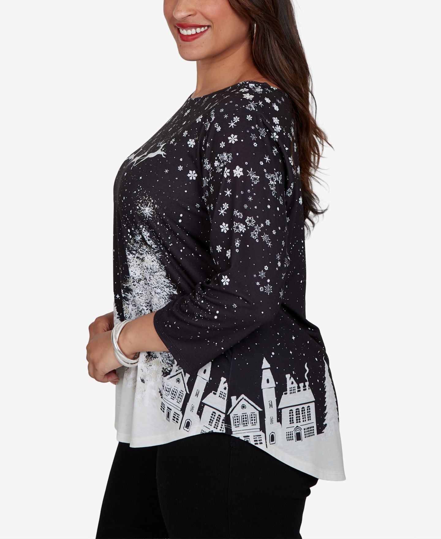 Женская футболка Ruby Rd. Plus Size Snowflake Crewneck 3/4-Sleeve, цвет: Чёрный разноцветный — фото 3