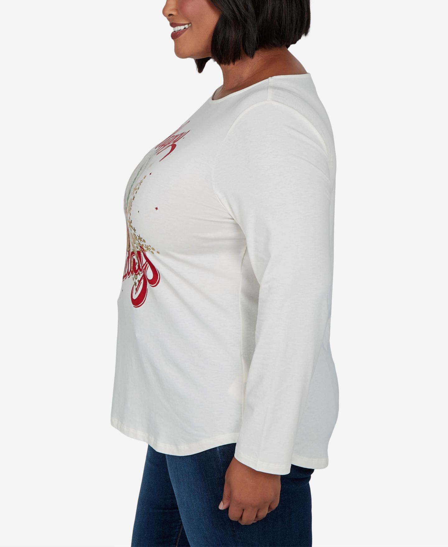Женская футболка Ruby Rd. Plus Size Holidays Long-Sleeve Crewneck Cotton-Blend, цвет: Слоновая кость разноцветный — фото 3
