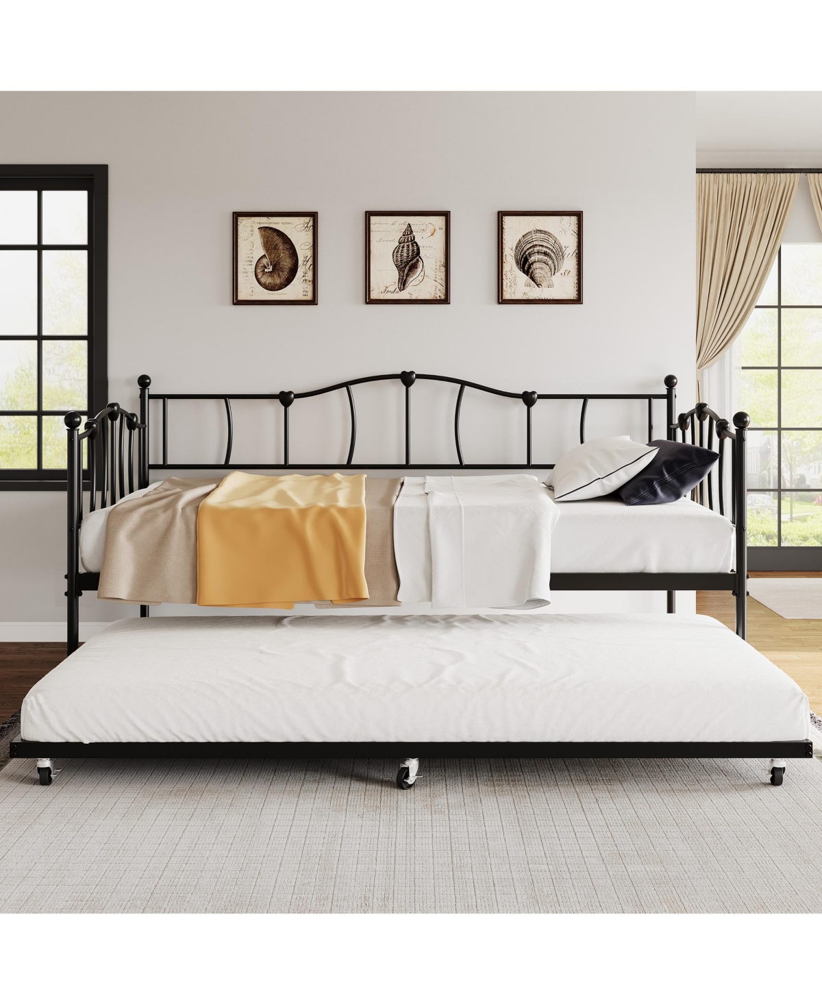 homfan 78 in Twin Metal Daybed with Pull-Out Trundle, Curved Heart Accent Frame, Farmhouse Style for Bedroom Guest Room
