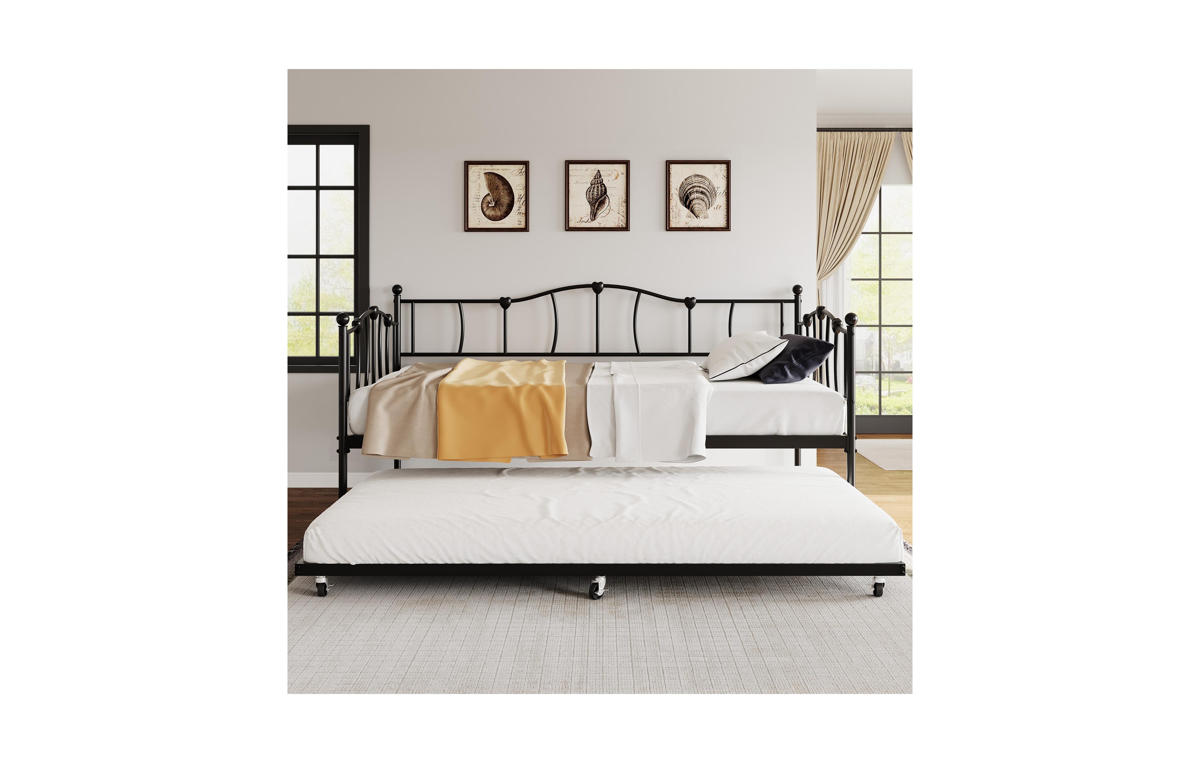 homfan 78 in Twin Metal Daybed with Pull-Out Trundle, Curved Heart Accent Frame, Farmhouse Style for Bedroom Guest Room